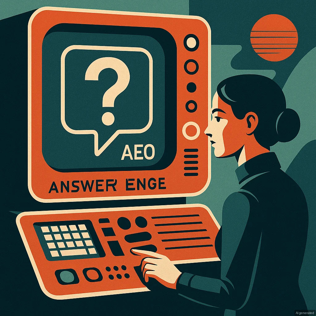 Illustration rétro futuriste sur l'Answer Engine Optimization (AEO), nouveau pilier du référencement moderne aux côtés du SEO et GEO