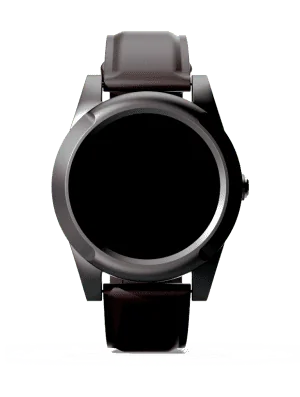 Montre intelligente connectée avec écran tactile rond et bracelet noir sur fond blanc
