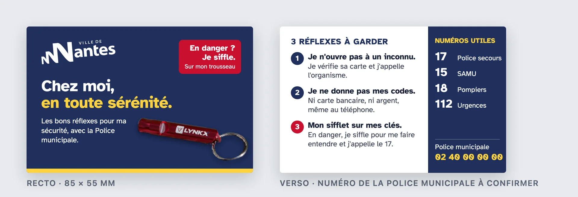 Carte de sécurité pour seniors de Nantes avec sifflet et réflexes à garder, numéros utiles d'urgence